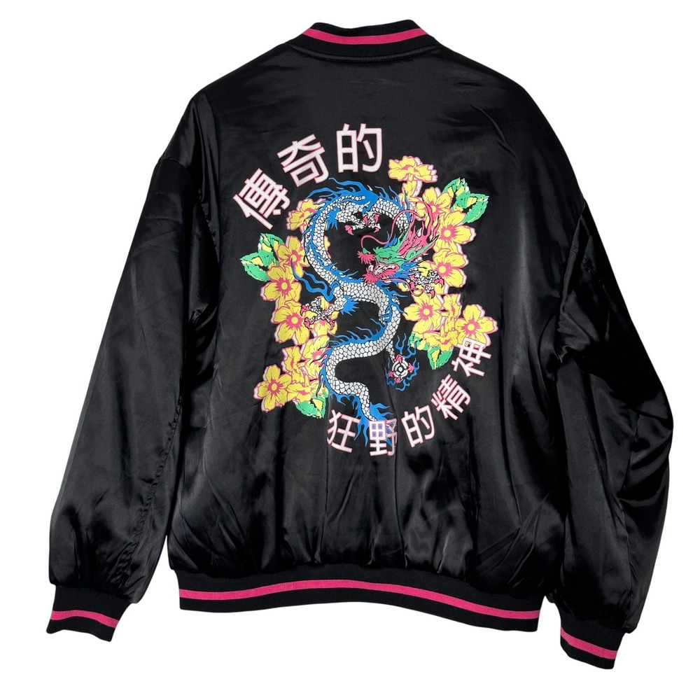Birch and Stone Black Satin Dragon Bomber Jacket Full Zip Pink Womens Size Small